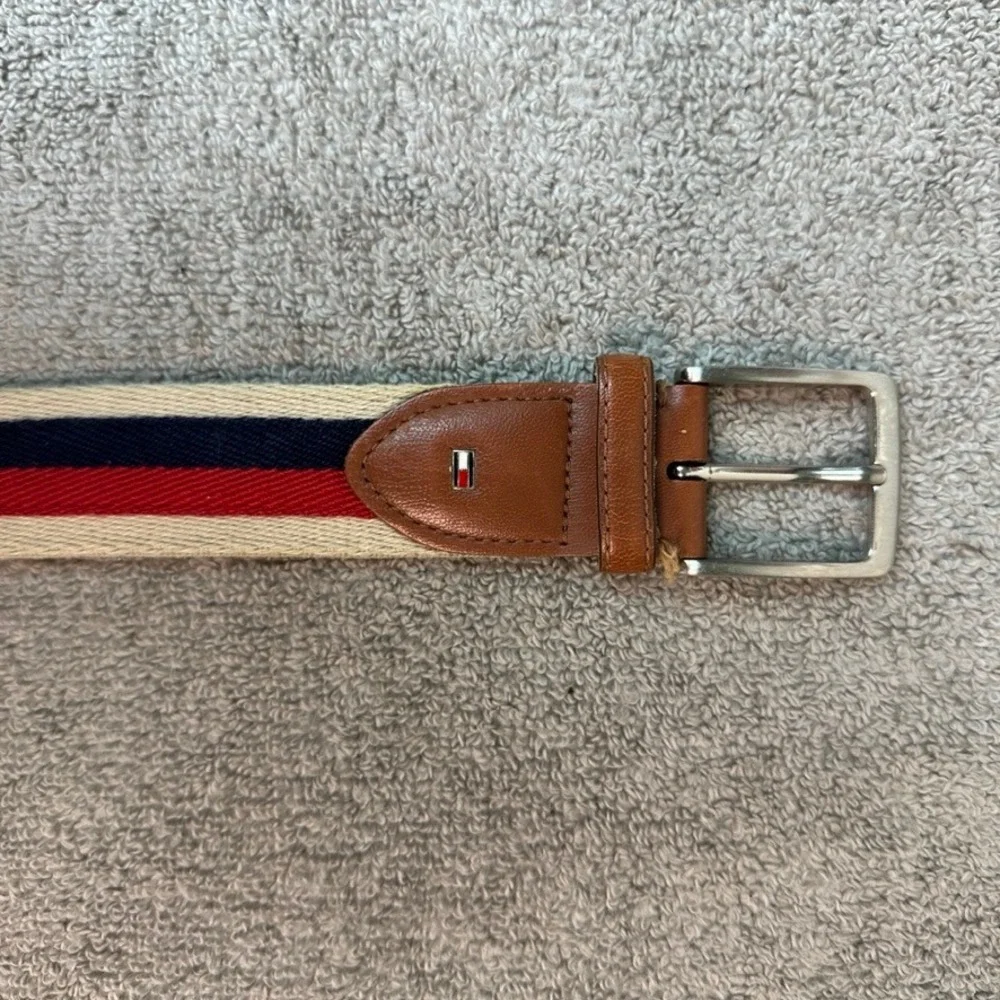 Tommy Hilfiger Mens 38 Ribbon Belt Brown Leather Striped Red White Blue Preppy